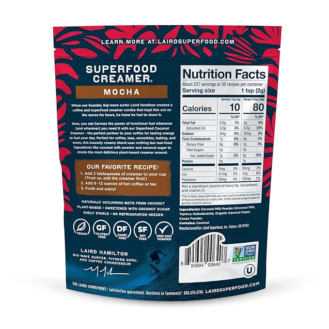 Laird Superfood Non-Dairy Coffee Creamer Mocha, Shelf-Stable Superfood Non-Dairy Powder Creamer, Gluten Free, Non-GMO, Vegan, 16 oz. Bag, Pack of 2