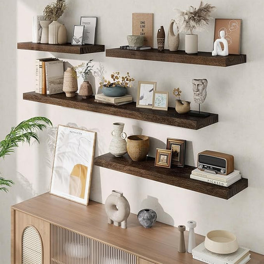 Floating Shelves, 8" Deep Rustic Solid Elm Wood Wall Mounted Floating Shelves, Wall Shelves with Invisible Bracket for Living Room Bathroom Bedroom Kitchen, 72 Inch, Walnut
