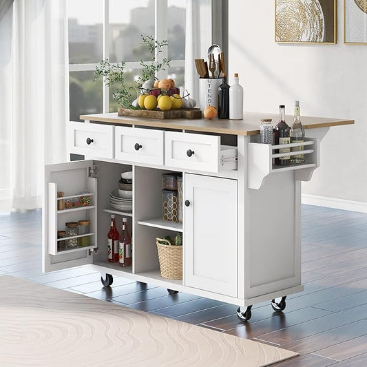 Yayzy Rolling Kitchen Island with Drop Leaf, Cabinet Door Storage Racks & 3 Drawers, Mobile Kitchen Cart with Rubberwood Top & Locking Wheels for Dining Room & Kitchen, 53-Inch, White
