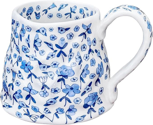 Large Ceramic Coffee Mug Cute Flower with Handmade Big Handle, 20oz Girly Blue Floral Tea Cup for Women Valentine Gift, Novelty Irregular Oversized Christmas Mugs for Latte Tea Milk Cocoa