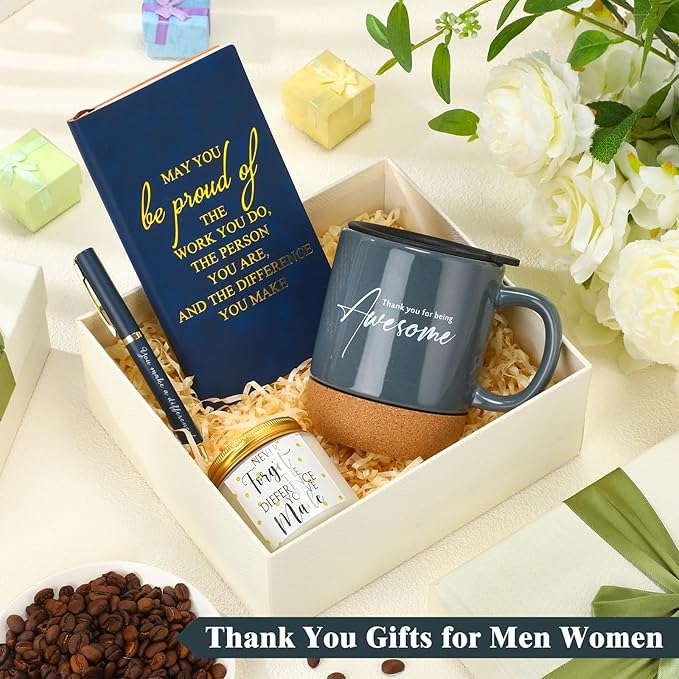 4 Pcs Thank You Gift Set for Men Women Employee Coworker Gifts Inspirational Appreciation Notebook Coffee Mug Scented Candle Pen for Valentine's Day Team Office Staff Teacher Volunteer