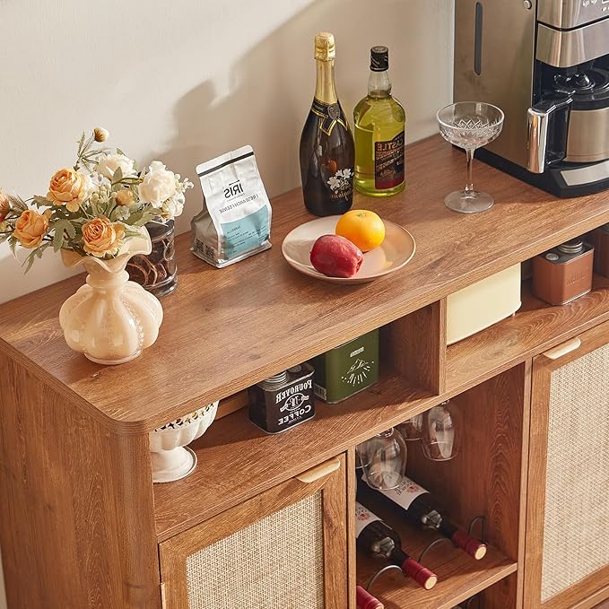 Lerliuo Rattan Wine Cabinet with 2 Doors, Boho Liquor Cabinet with Wine Racks, Farmhouse Coffee Bar Station for Living Room, Dining Room, Kitchen, Tea Brown