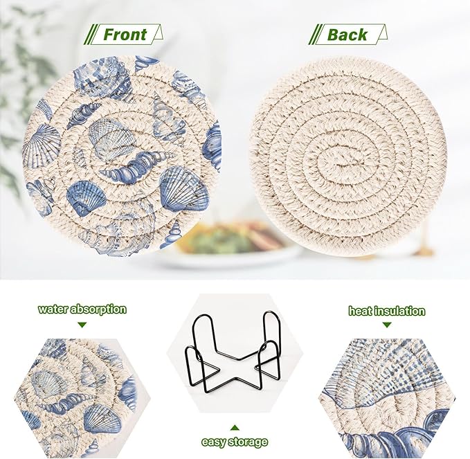 Coasters for Drinks with Holder Blue Seashells Ocean Nautical Coastal Coasters Set of 6 Cotton Woven Absorbent Decor Bar Coaster Tabletop Protection 3.94 Inches