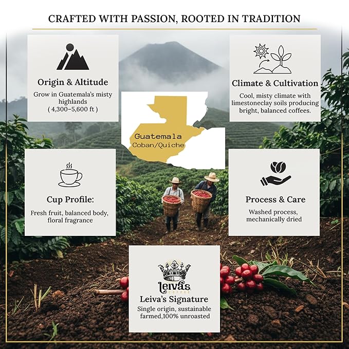 Leiva’s Unroasted Green Coffee Beans (1kg) – Coban/Quiche Single Origin Coffee w/Floral & Fresh Fruit Notes – Washed, Shade Grown Organic Guatemala Beans – Balanced, Whole Bean Unroasted Blend
