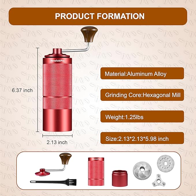 NewlukPro M6 Manual Coffee Grinder,Beautiful Design for Women,Smooth Grinding & Labor Saving,Portable Mini Hand Coffee Grinder for Espresso Pour Over French Press at Home or Camping Travling,Red