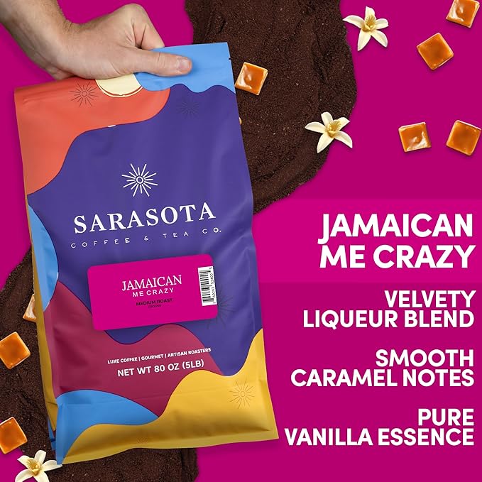 Sarasota Coffee Ground Jamaican Me Crazy | Medium Roast Gourmet Flavored Coffee Grounds | Low Acid, Mold Free, Specialty Grade Flavored Bulk Ground | 5lb (80 oz)