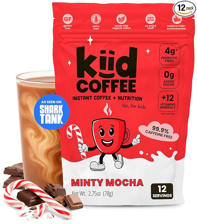 Kiid Coffee - 99.9% Caffeine-Free Organic Coffee for Kids - As Seen on Shark Tank - 12 Vitamins & Minerals, 4g Prebiotics, 0g Sugar - Non-GMO & Gluten-Free - Healthy Snack - Minty Mocha - 12 Servings