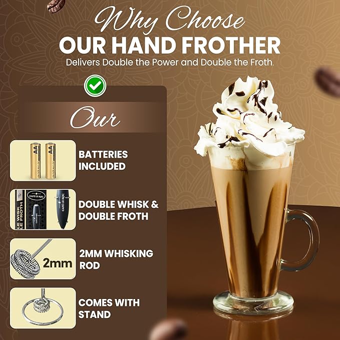 Cafe le Rou Milk Frother Handheld Battery Operated -* DOUBLE WHISK * with Stand. Batteries included. Electric Foam Maker, Drink Mixer with Stainless Steel Whisk