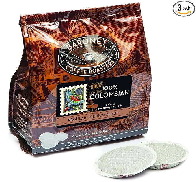 Baronet Coffee Pods [100% Colombian - 54 Pods] Single Cup Use for Senseo Coffee Machine - 3 Bags of 18 Single Serve 8 Gram, Regular Strength, Medium Roast [100% Colombian]