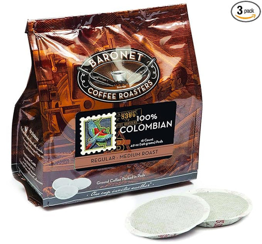 Baronet Coffee Pods [100% Colombian - 54 Pods] Single Cup Use for Senseo Coffee Machine - 3 Bags of 18 Single Serve 8 Gram, Regular Strength, Medium Roast [100% Colombian]