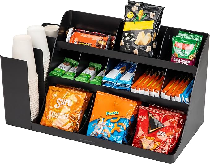 Mind Reader Extra Large Cup and Condiment Station, Countertop Organizer, Coffee Bar, Kitchen, Stirrers, 24"L x 11.5"W x 12.5"H, Black