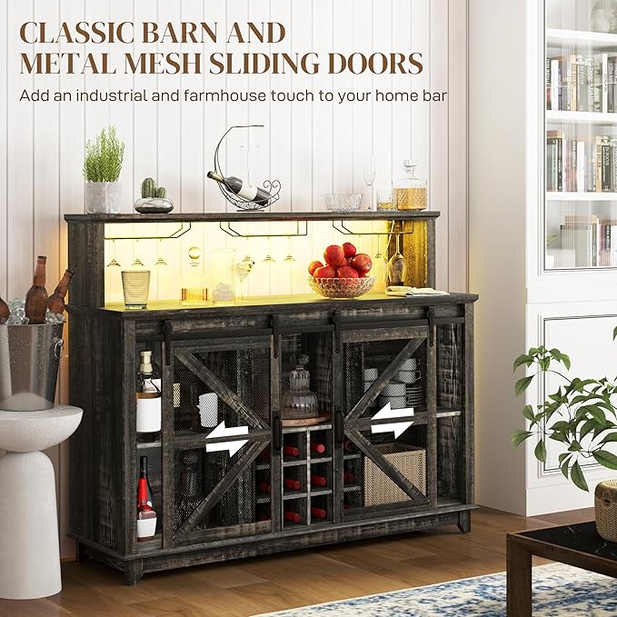 HOMCOM Farmhouse Coffee Bar Cabinet with Smart App Control LED Lights, 55" Wine Bar Cabinet with 12-Bottle Rack, Glass Holder, Kitchen Sideboard Buffet with Sliding Mesh Doors, Distressed Dark Brown