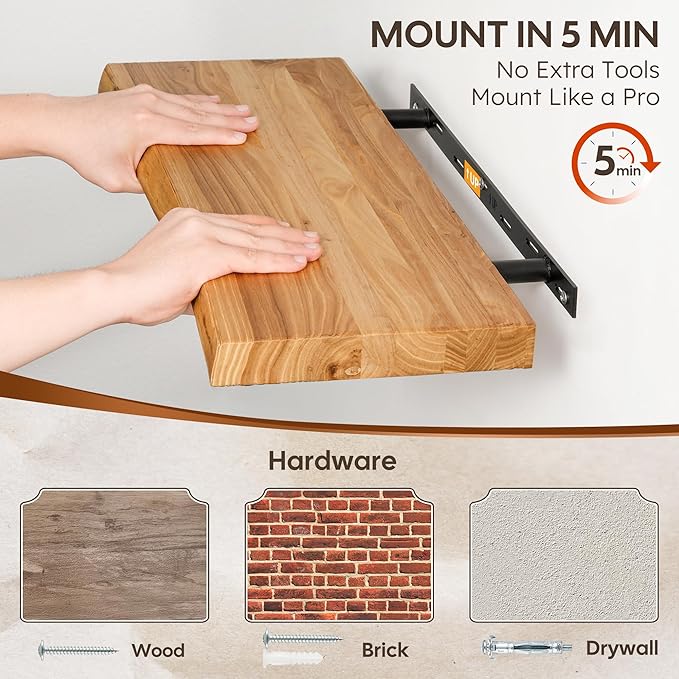 Floating Shelves Set of 2, Solid Elm Wood Wall Shelves 32 Inch - Invisible Bracket Mount for Living Room, Bedroom, Kitchen, Bathroom - Natural