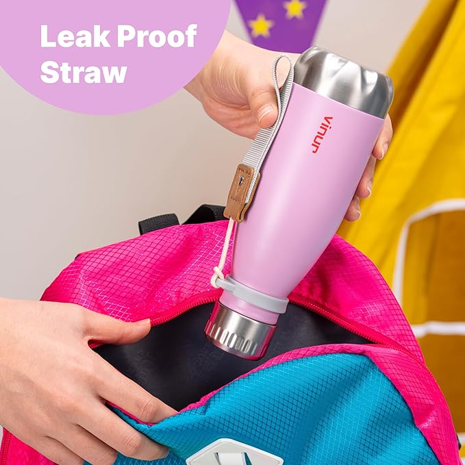 VINUR 9 oz Small Water Bottle for Kids-Stainless Steel Vacuum Insulated Water Bottle for School-Cola Shape Leak Proof Flask with Carry Rope, Purple
