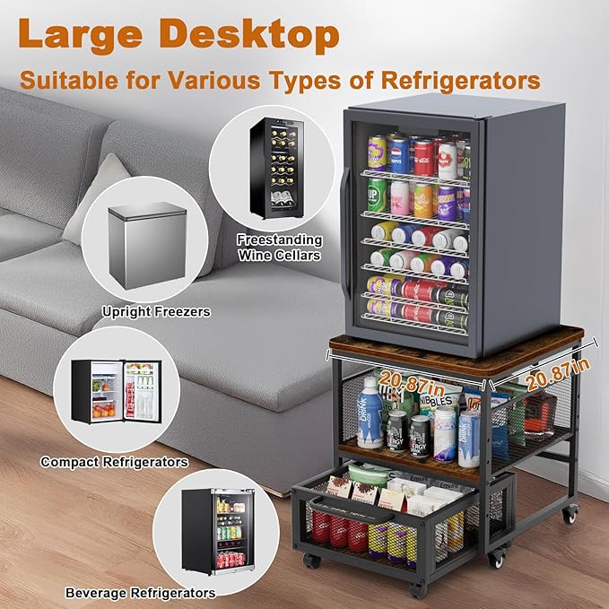 21x21in Mini Fridge Stand with Storage, Heavy Duty Mini Fridge Table with 4 Lockable Wheels for Coffee Bar 220LBS Compact Beverage Refrigerator Stand Cabinet Dorm Fridge Cart for Office Home (Brown)