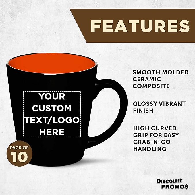 Custom Ceramic Coffee Latte Mugs 12 oz. Set of 10, Personalized Bulk Pack - Perfect for Coffee, Tea, Espresso, Hot Cocoa, Other Beverages - Orange