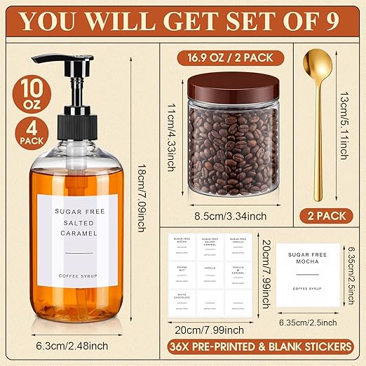 9 Pcs Coffee Syrup Dispenser Set 10 oz Plastic Coffee Syrup Dispenser Pump Bottle 16.9 oz Pet Jar with Lids Gold Spoon and Labels for Home Bar Organization