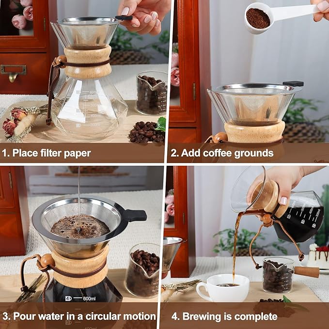 Pour Over Coffee Maker 600ml 20.3oz Glass Drip Coffee Maker with 304 Stainless Steel Filter High Borosilicate Glass Duckbill Spout Solid Wood Handle Pour Over Coffee Dripper for Daily Brewing