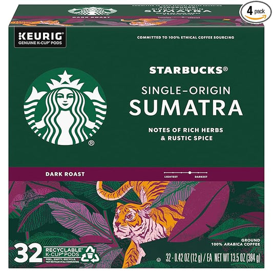 Starbucks Coffee K-Cup Pods, Sumatra Single-Origin Coffee, Dark Roast Ground Coffee, Keurig Genuine K-Cup Pods, 32 Count (Pack of 4)