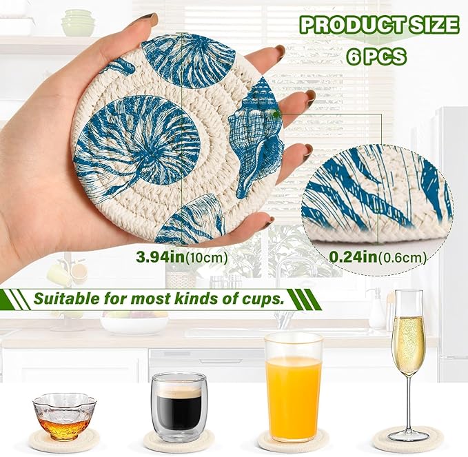 Coasters for Drinks with Holder Blue Shell Starfish Retro Ocean Drink Coasters Set of 6 Absorbent Decorative Bar Coasters Cotton Woven Coasters for Coffee Table Protection