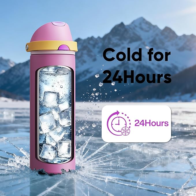 Insulated Water Bottle with Straw - Encool Stainless Steel Water Bottle with Push Button Lid, Leak-Proof & BPA-Free, Keeps Cold for 24 Hours for Sports, Travel, Gym (24 oz, Light Orchid-Fuchsia)