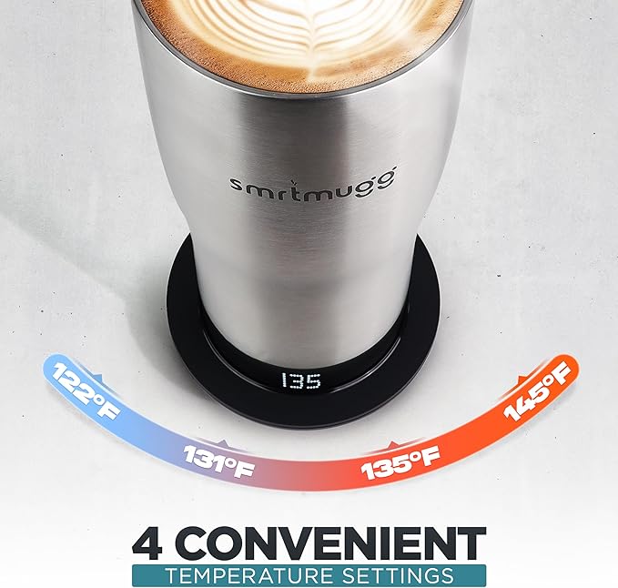 X Heated Coffee Mug 19 oz., 8 Hour Battery Life, Self-Heating, Adjustable Temp Controlled, LCD Screen, Includes Cover with Magnetic Slider (Black) (Stainless Steel)