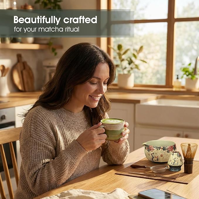 7-Piece Matcha Set with Matcha Bowl, Bamboo Whisk (Chasen) & Holder, Sifter, Tea Scoop & Rest, Special Bamboo Tea Mat - Perfect Matcha Kit for Matcha Lovers & Gift Giving, Kitty Pattern