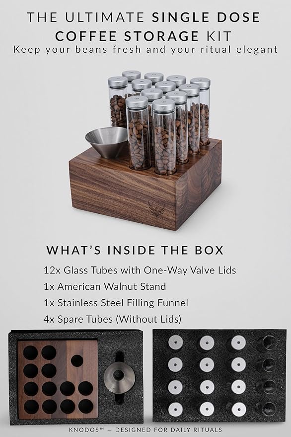 Single Dose Coffee Bean Storage Tubes Espresso Bean Cellar 12pcs One-Way Exhaust Valve Lids Glass Dosing Vials With Walnut Stand & Stainless Steel Funnel
