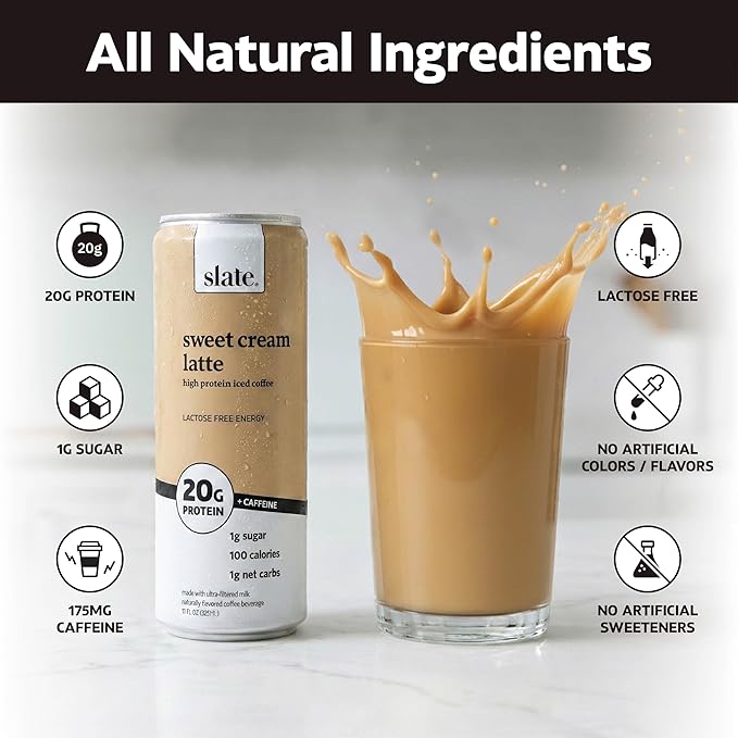 Slate Milk - High Protein Iced Coffee - Sweet Cream Latte - 175mg Caffeine, Lactose Free Energy - 20g Protein, 1g Sugar, 100 Calories, 1g Net Carbs, No Sugar Added - Protein Coffee - 11 fl oz, 12 Cans