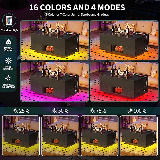 YITAHOME LED Lift Top Coffee Tables for Living Room with Power Outlets Charging Station, Modern Coffee Table with Storage 2 Drawers & Open Shelfs Rectangular Small Center Cocktail Table, Glossy Black