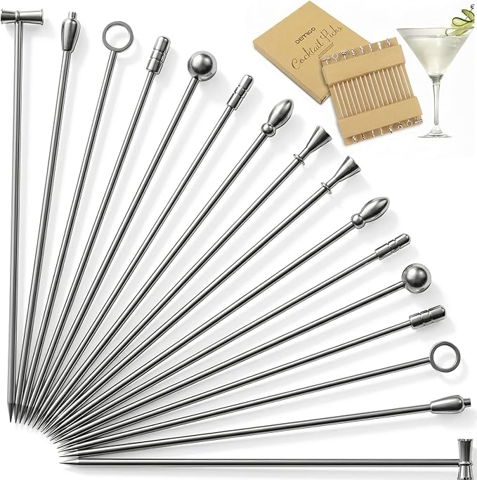DEMIGO Cocktail Picks 16pcs, 8 New Styles Stainless Steel Reusable Olive Stuffers Martini Pick set Fruit Toothpick Garnish Skewers Appetizer Drink Stick for Bar party, Barbeque Snack, Club sandwiches