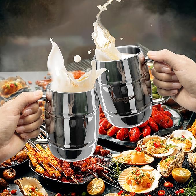 Beer Mug, 2 Pack 17oz Double Wall Stainless Steel Beer Stein with Handle, Insulated Stein Mug for Cold Drinks, Hot Coffee, Milk, Shatterproof Cups for Men Women, Gift for Beer Lovers