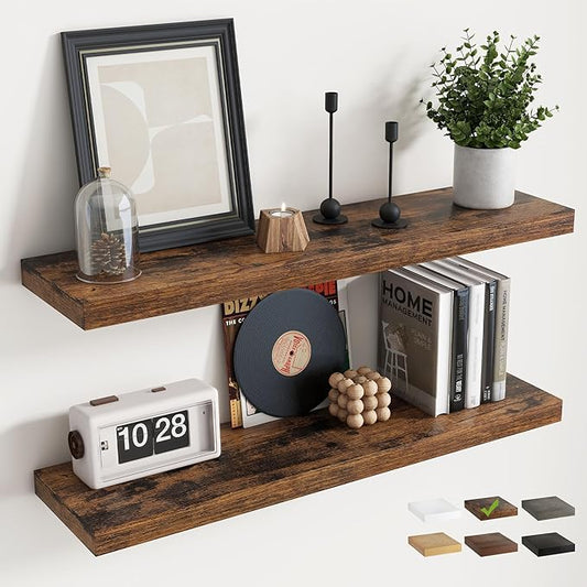 Floating Shelves for Wall with Invisible Brackets, Wall Mounted Engineered Wood Shelves with Wood Grain for Living Room, Bathroom, Kitchen Decor and Storage, Oak, 24"L Set of 2, Rustic Brown