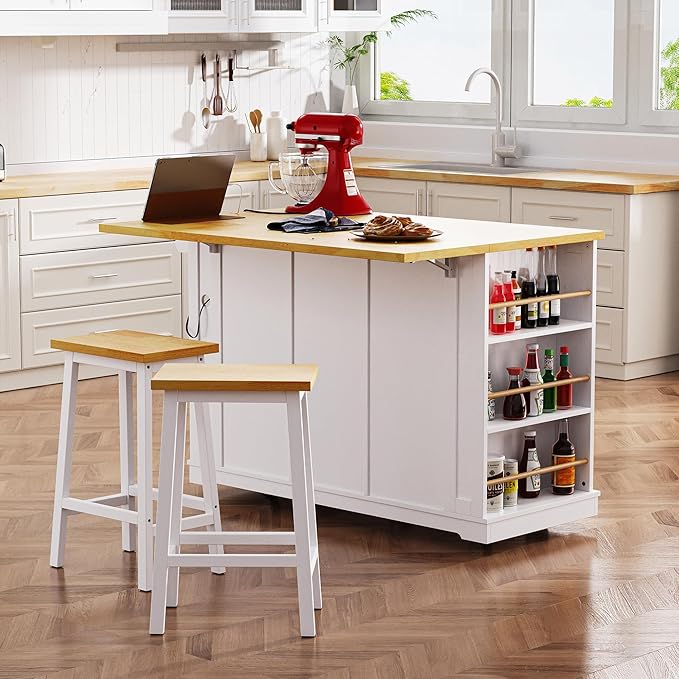 Rolling Kitchen Island with 2 Bar Stools, Drop Leaf & Power Outlet, Large Kitchen Islands Cart on Wheels, Movable Kitchen Island with 5 Open Shelves & Towel Rack for Kitchen, Dining Room, 53″, White