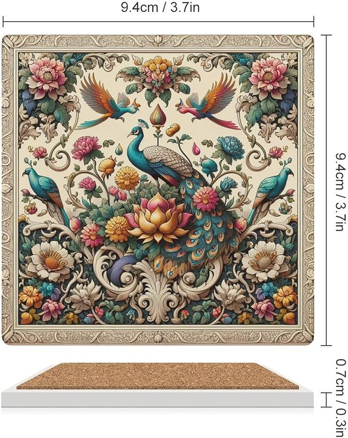 Square-4PCS Peacock Ceramic Coasters, Square Absorbent Drink Coasters, Beautiful Plant Colorful Floral Peacock Boho Art Ceramic Table Coasters for Coffee, Beverage, Wine, Beer Coasters