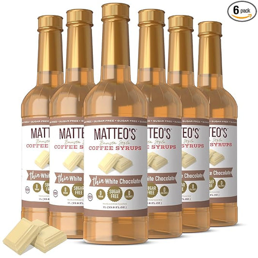 Matteo's White Chocolate Syrup for Coffee, Lattes, Cappuccinos & Desserts – Sugar-Free Sweetener for Beverages, Keto Friendly, Zero Calories, Indulgent Flavor, Non-Alcoholic, 33.8oz (6pk)