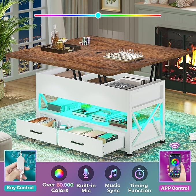 Itaar 40" Lift Top Coffee Table, 4 in 1 White Coffee Tables with Storage for Living Room, Small Coffee Table with 2 Drawers & LED Light for Dining Room, White and Rustic Brown