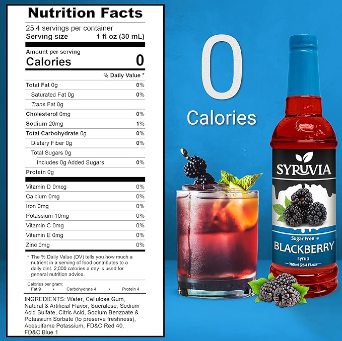 Syruvia Sugar-Free Blackberry Syrup, Flavored Syrup for Drinks, Cocktails, Lemonades, Iced Teas, and Desserts – 25.4 fl oz, With Pump