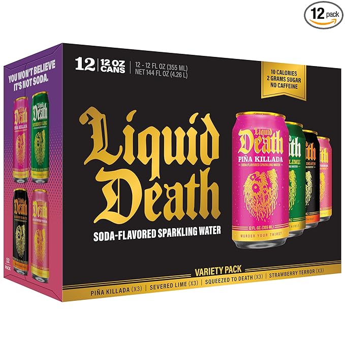 Liquid Death Soda-Flavored Sparkling Water - Modern Variety, Less Sugar*, Huge Flavor, No Caffeine, No Artificial Sweeteners, 4 Flavors: Lime, Orange, Strawberry, Piña Killada 12 Fl Oz (Pack of 12)