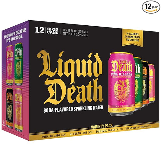 Liquid Death Soda-Flavored Sparkling Water - Modern Variety, Less Sugar*, Huge Flavor, No Caffeine, No Artificial Sweeteners, 4 Flavors: Lime, Orange, Strawberry, Piña Killada 12 Fl Oz (Pack of 12)