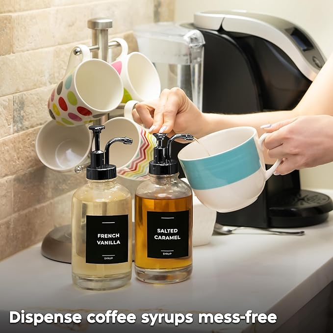 Spaceneat Coffee Syrup Dispenser with Pump - Includes 24 Flavor Labels - Glass Syrup Dispenser for Coffee Bar - Elevate your Beverage Station with 16.9 fl oz Flavoring Container Bottles, 2pcs, Black