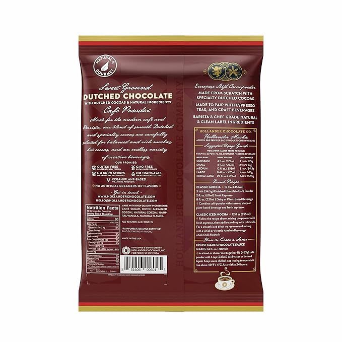 Hollander Sweet Ground Dutched Chocolate Powder | 2.5lb Bag | Beverage, Specialty Coffee Drinks, Baking & Desserts | Clean Label & Gourmet Ingredients | GMO Free, Rainforest Alliance Certified