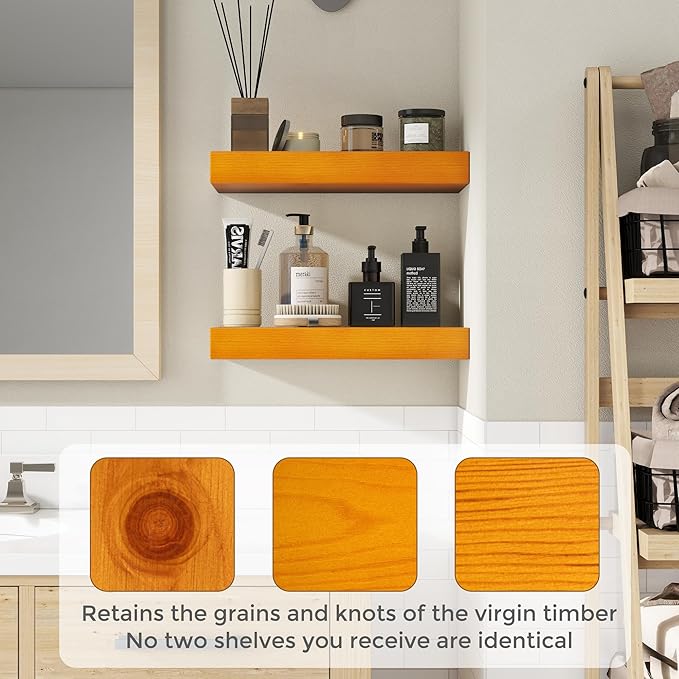Marsmiles Wood Floating Shelves | Rustic Honey Oak Wall Shelves Set of 2 | 16" W x 7.7" D x 1.6" H Wooden Shelves for Bathroom Living Room Kitchen