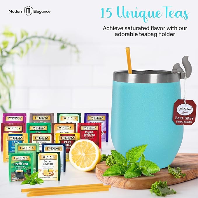 Birthday Gift Set with Stainless Tumbler, 15 Assorted Teas, 10 Honey Straws, Tea Tongs, Scented Candle and Greeting Card in Ready-to-Gift Box (Teal - Birthday Card)