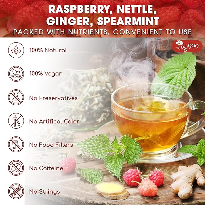 TOG999, 60 Tea Bags for Hormone Balance Menstrual Cycle Support, 100% Natural & Pure from Red Raspberry Leaves with Spearmint Flavor. Natural Material Tea Bags. No Sugar, No Caffeine, Vegan.