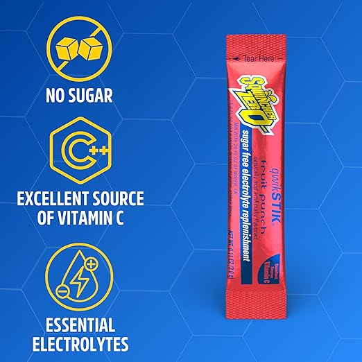 Sqwincher Zero Qwik Stik, Fruit Punch, Sugar Free, Low Calorie, Low Sodium Electrolyte Powder Hydration Drink Mix, .11 0z Packet (Pack of 50)