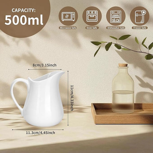 2 Pack Cream Pitcher 17 OZ Ceramic Cream Pitcher with Handle, White Sauce Pitcher Porcelain Milk Pourer for Sauces, Jam, Coffee