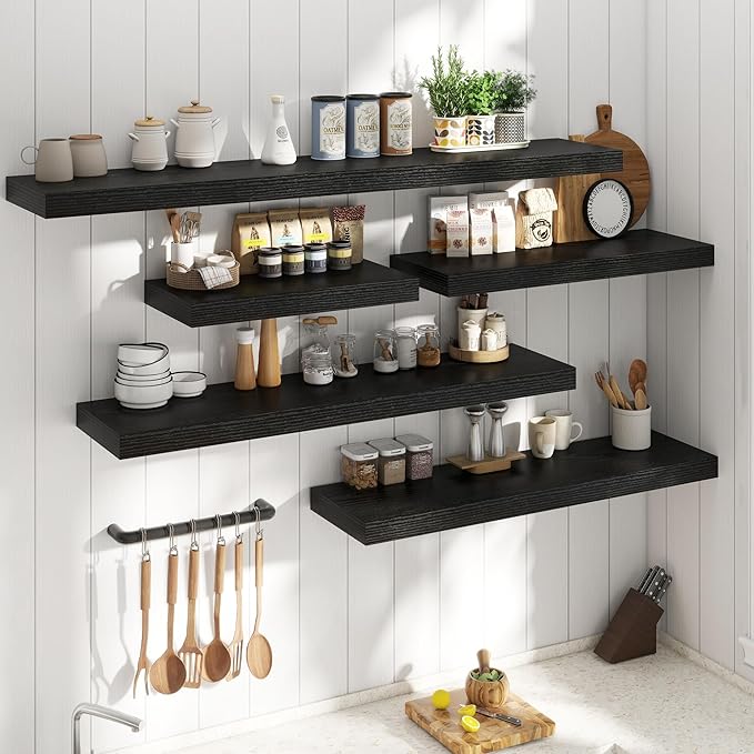 Marsmiles 12" Deep Floating Shelves for Wall with Invisible Brackets, Wall Mounted Engineered Wood Shelves with Wood Grain for Living Room, Bedroom, Kitchen Decor and Storage, 36" L Set of 1, Black