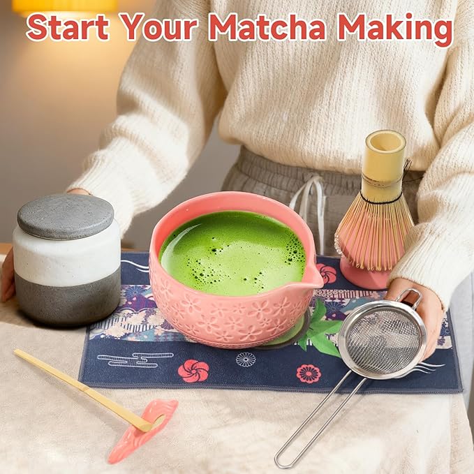 Matcha Whisk Set, 7Pcs Pink Matcha Kit for Ceremony, Handcrafted Gifts for Women, Traditional Ceramic Matcha Bowl with Spout, Bamboo Whisk and Holder, Tea Set for Matcha Lovers, Gift for Christmas
