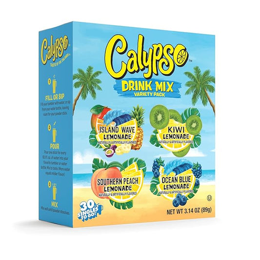 Calypso Singles To Go! Drink Mix Variety Pack – Lemonade On-the-Go Powdered Drink Mix Packets – Low Calorie Water Enhancer – Island Wave, Kiwi, Southern Peach, Ocean Blue Lemonade, 30 Count